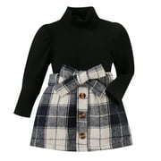 LMTODLFG Baby Girl Clothes Toddler Girls Long Sleeve Ribbed Knitted Turtleneck T Shirt Tops Plaid Prints Bow Tie Skirt Outfits Baby Girls' Clothing Black 18-24 Months